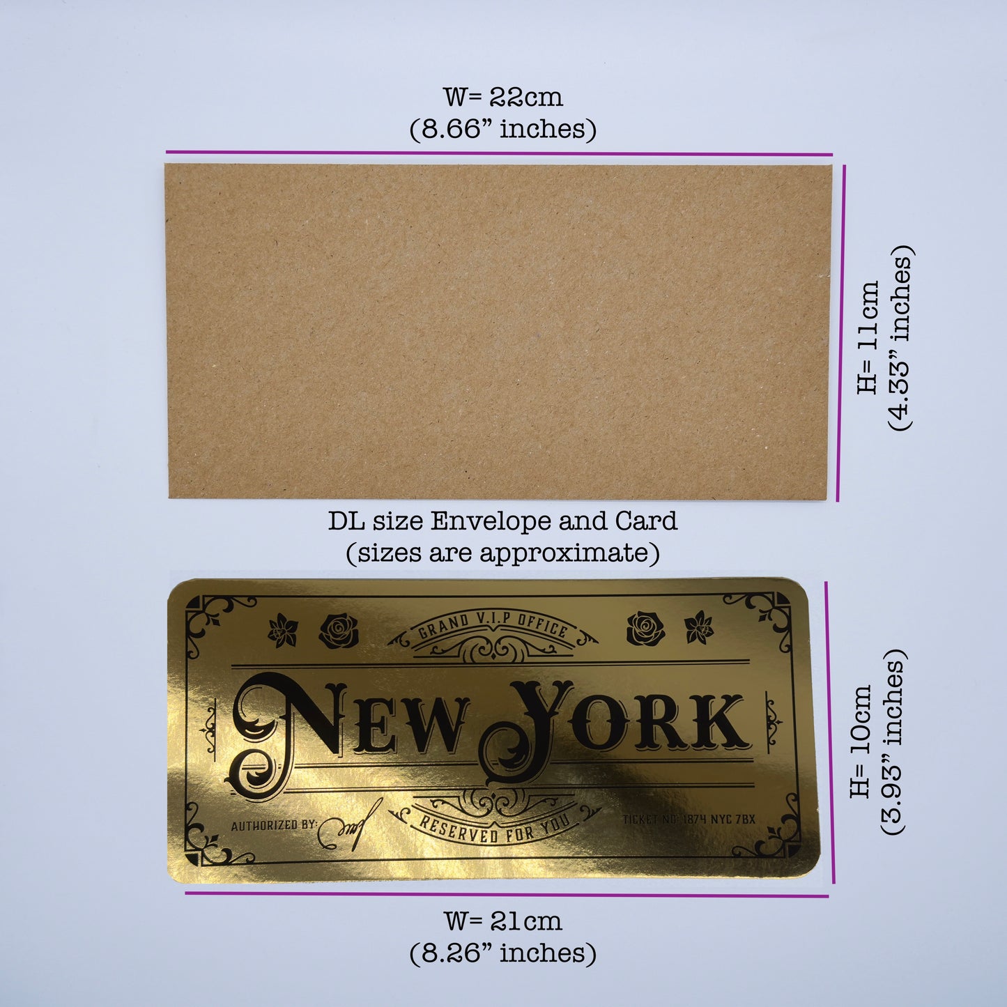Deluxe New York Golden Ticket card with envelope. Perfect for surprise trips to New York!