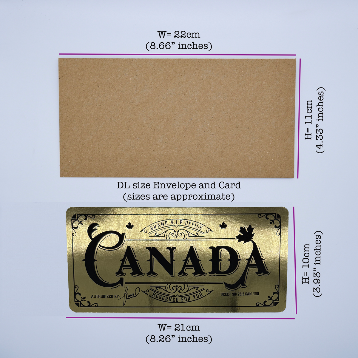 Deluxe Canada Golden Ticket card with envelope. Perfect for surprise trips to Canada!