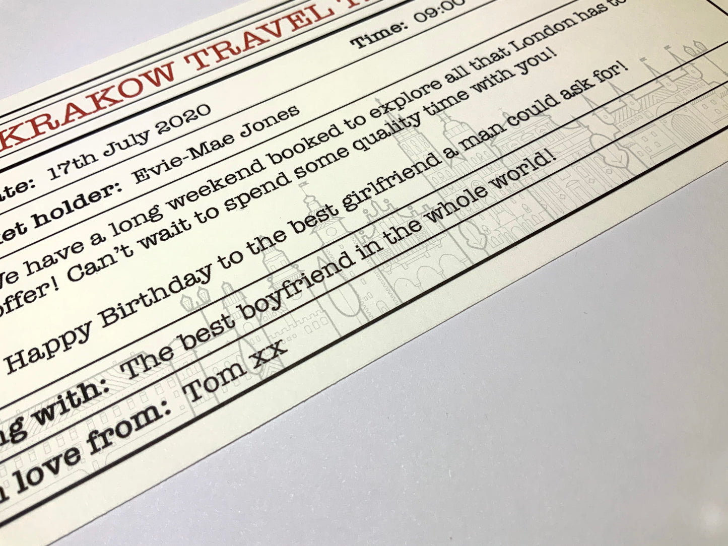 Krakow Personalised Travel Ticket & Envelope. Krakow holiday themed gift