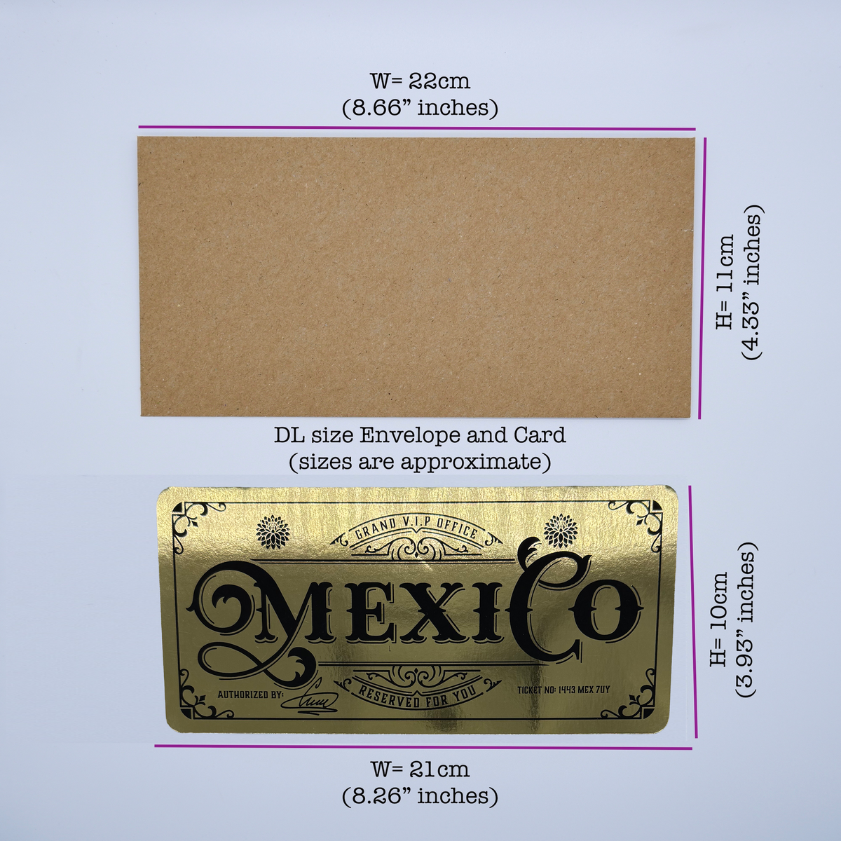 Deluxe Mexico Golden Ticket card with envelope. Perfect for surprise trips to Mexico!