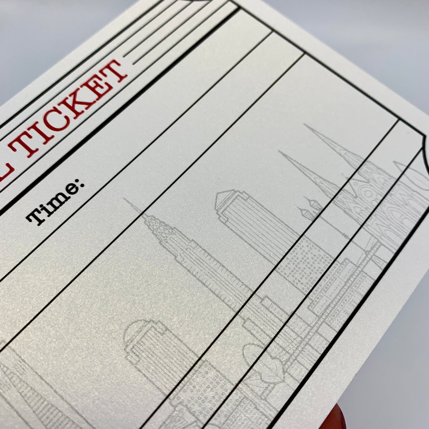 New York Travel Ticket (White with Gold Shimmer) & Envelope. New York holiday themed DIY gift