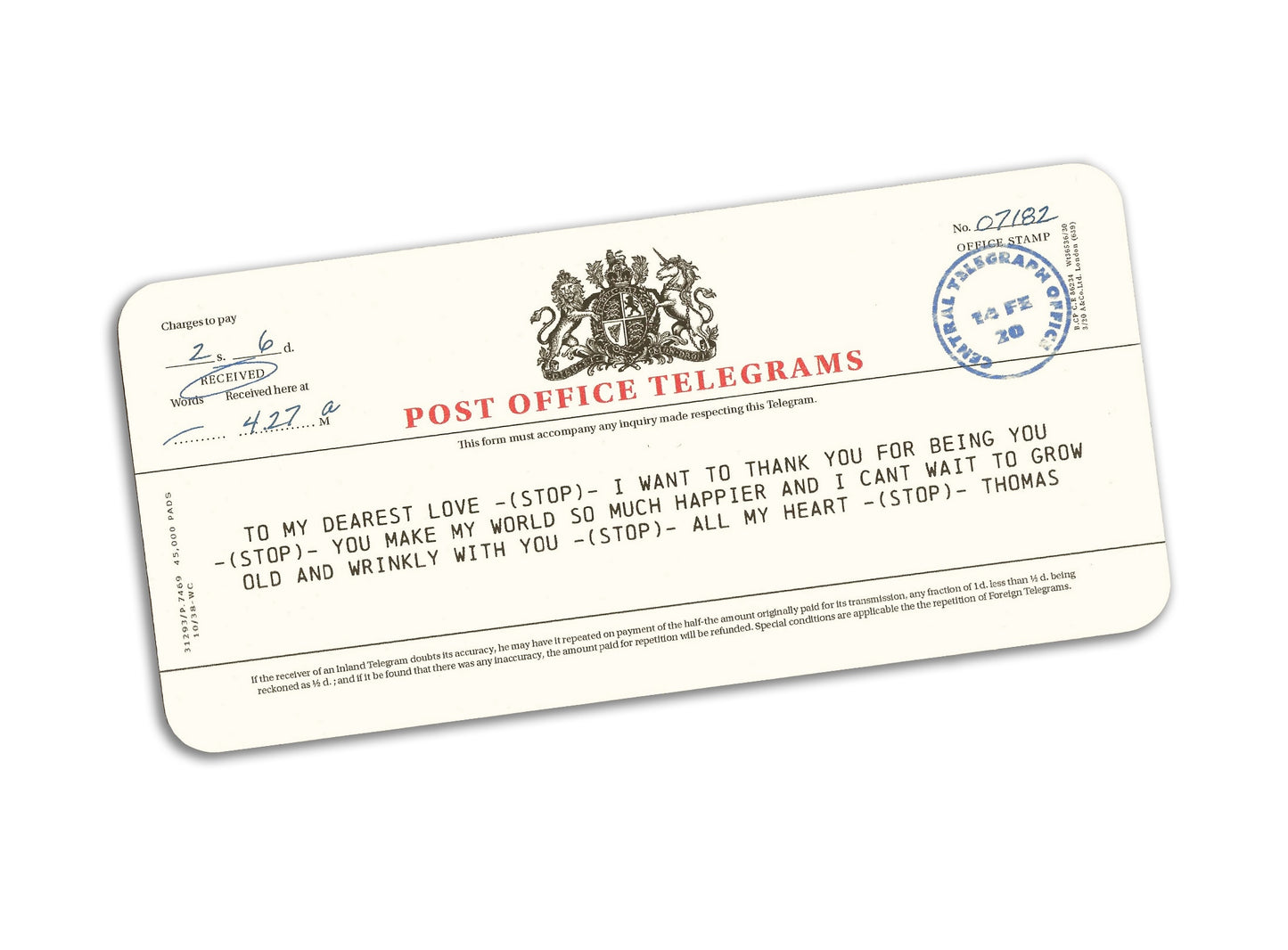 Post Office Vintage Personalised Telegram printed on a Linen feel Card.