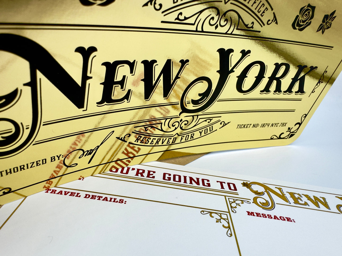Deluxe New York Golden Ticket card with envelope. Perfect for surprise trips to New York!