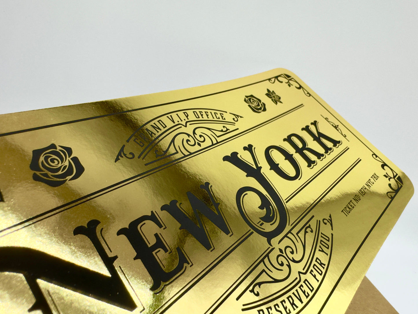 Deluxe New York Golden Ticket card with envelope. Perfect for surprise trips to New York!