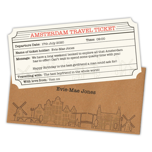 Amsterdam Personalised Travel Ticket & Envelope. Amsterdam holiday themed gift