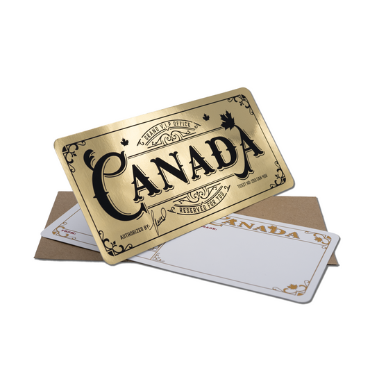 Deluxe Canada Golden Ticket card with envelope. Perfect for surprise trips to Canada!