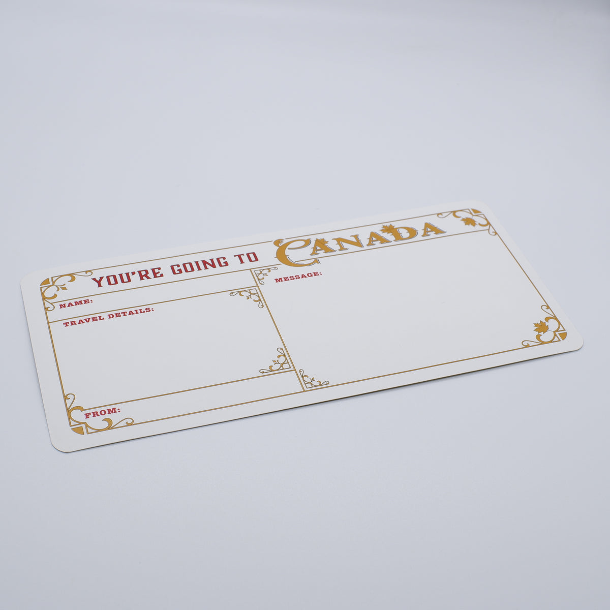 Deluxe Canada Golden Ticket card with envelope. Perfect for surprise trips to Canada!