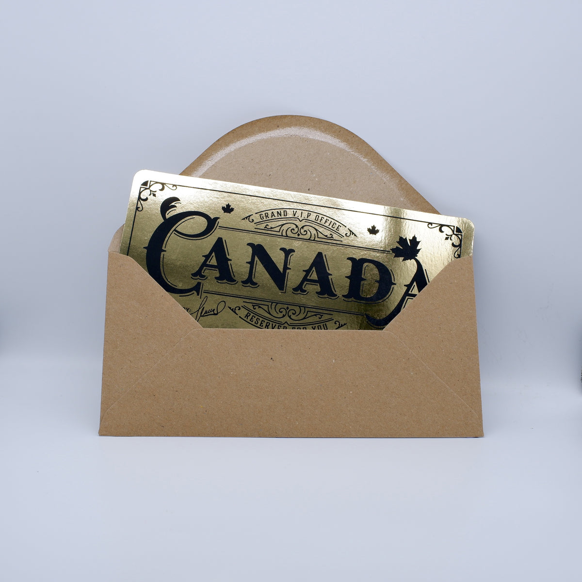 Deluxe Canada Golden Ticket card with envelope. Perfect for surprise trips to Canada!