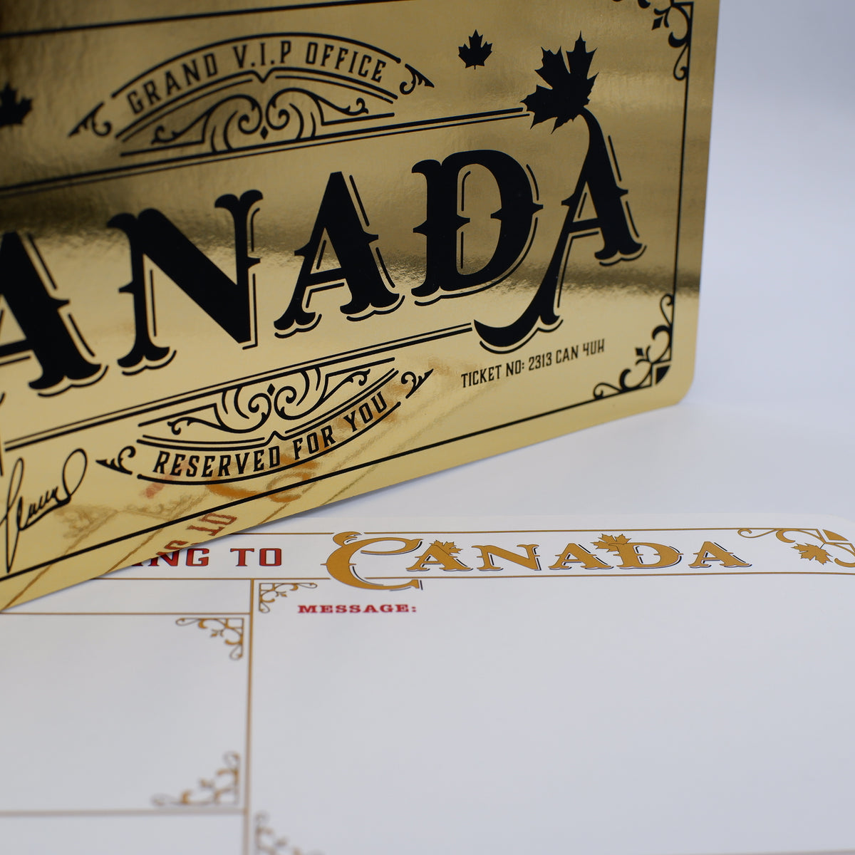 Deluxe Canada Golden Ticket card with envelope. Perfect for surprise trips to Canada!