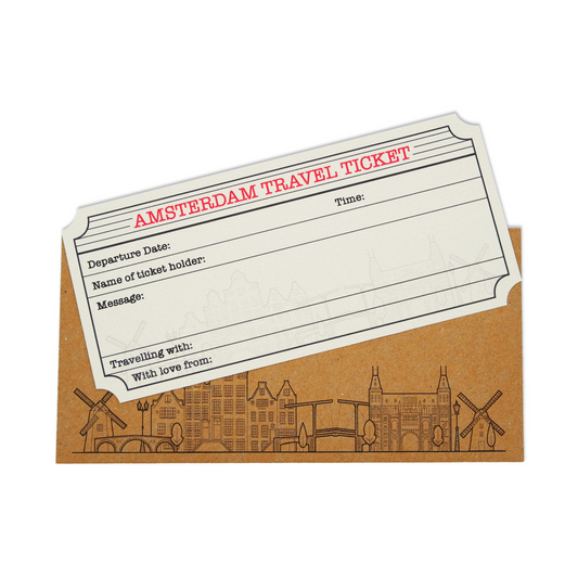 Amsterdam Travel Ticket (White with Gold Shimmer) & Envelope. Amsterdam holiday themed DIY gift