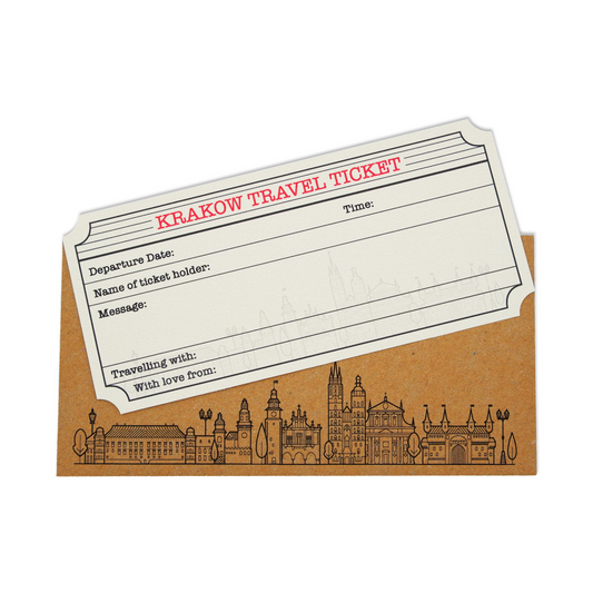 Krakow Travel Ticket (White with Gold Shimmer) & Envelope. Krakow holiday themed DIY gift