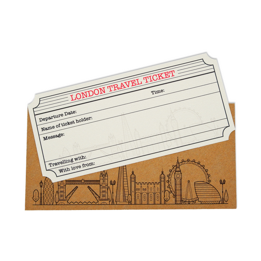 London Travel Ticket (White with Gold Shimmer) & Envelope. London holiday themed DIY gift