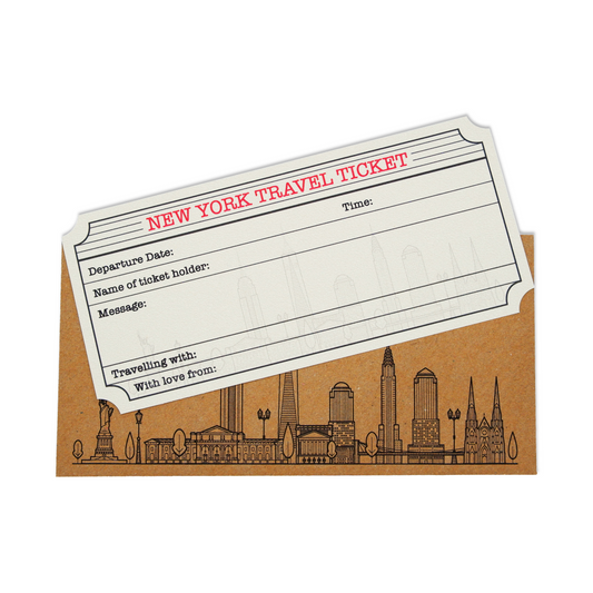 New York Travel Ticket (White with Gold Shimmer) & Envelope. New York holiday themed DIY gift