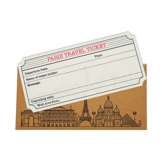 Paris Travel Ticket (White with Gold Shimmer) & Envelope. Paris holiday themed DIY gift