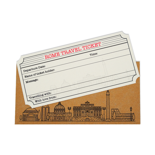 Rome Travel Ticket (White with Gold Shimmer) & Envelope. Rome holiday themed DIY gift