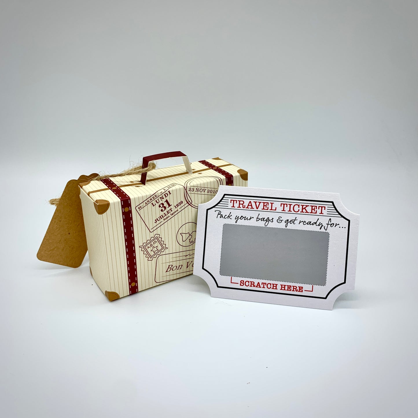 Mini Suitcase & Mini Travel Ticket (Gold Shimmer) Scratch & Reveal Gift bundle (DIY)