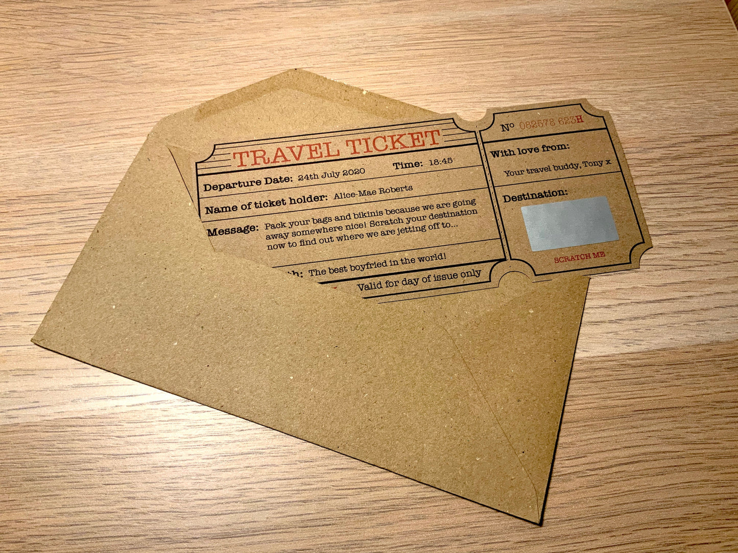 Vintage Personalised Travel Ticket Holiday Surprise Scratch & Reveal Card (Choice of Colour)