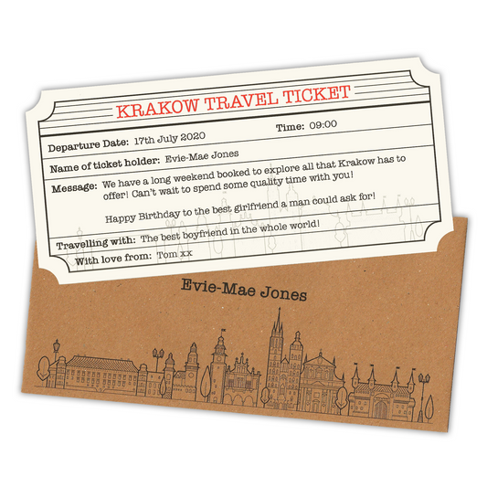 Krakow Personalised Travel Ticket & Envelope. Krakow holiday themed gift