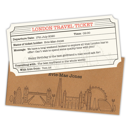 London Personalised Travel Ticket & Envelope. London holiday themed gift