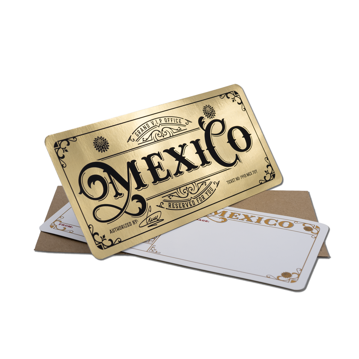 Deluxe Mexico Golden Ticket card with envelope. Perfect for surprise trips to Mexico!