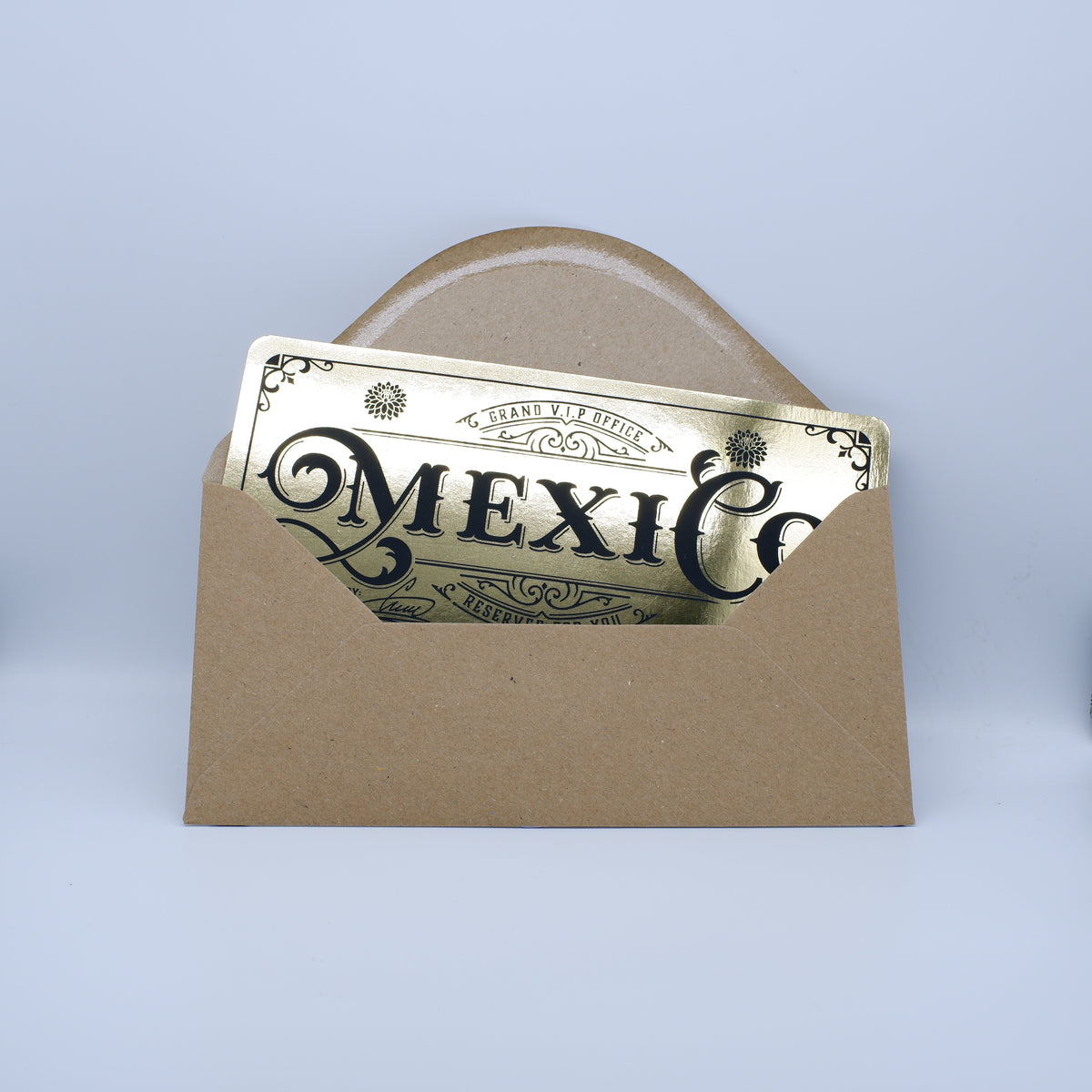 Deluxe Mexico Golden Ticket card with envelope. Perfect for surprise trips to Mexico!