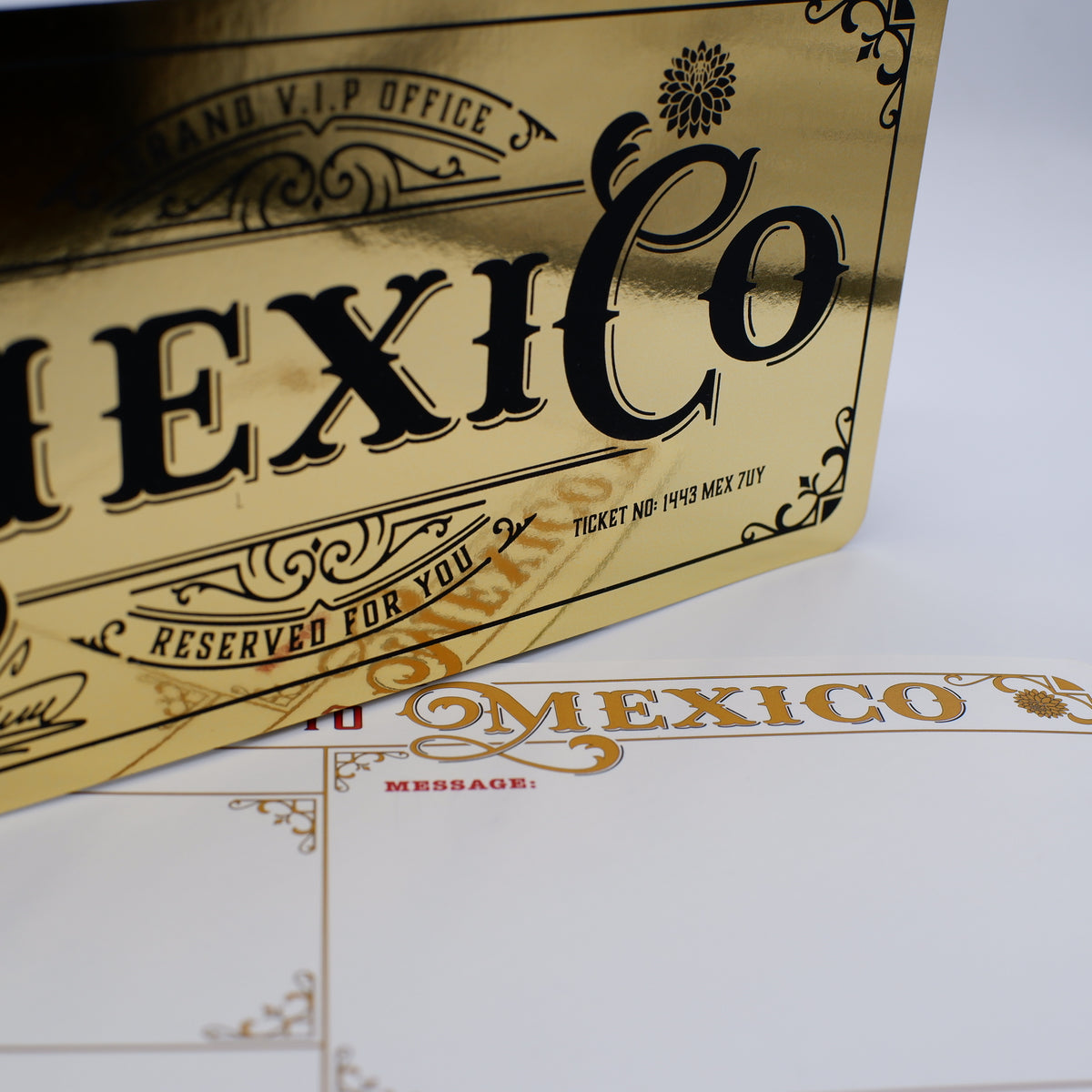 Deluxe Mexico Golden Ticket card with envelope. Perfect for surprise trips to Mexico!