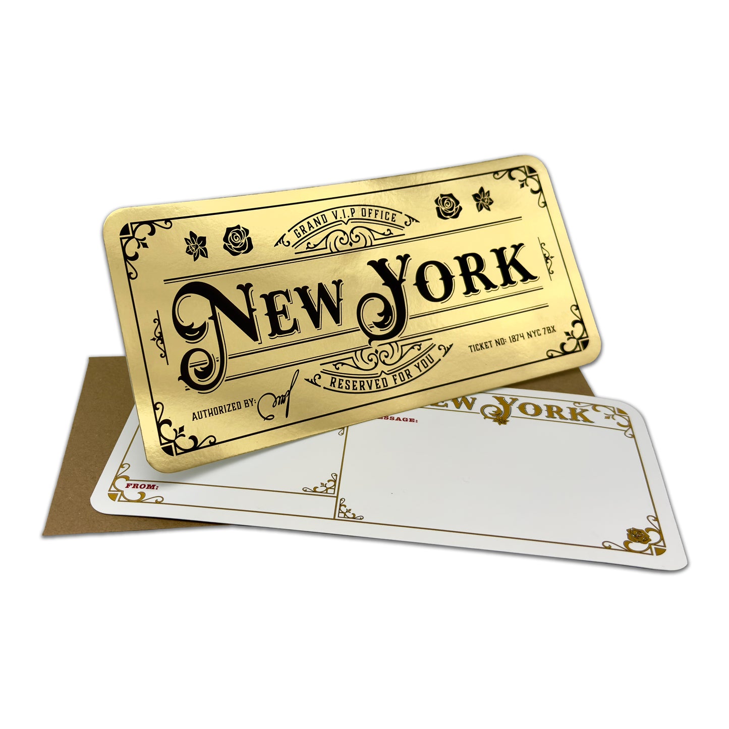 Deluxe New York Golden Ticket card with envelope. Perfect for surprise trips to New York!