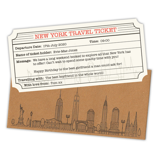 New York Personalised Travel Ticket & Envelope. New York holiday themed gift