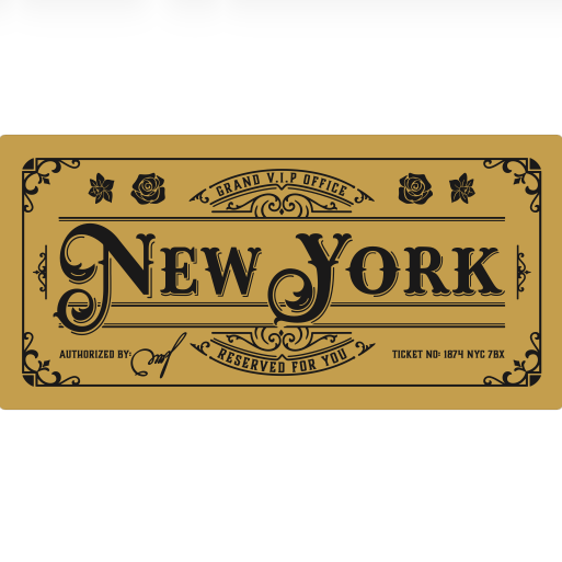 Deluxe New York Golden Ticket card with envelope. Perfect for surprise trips to New York!
