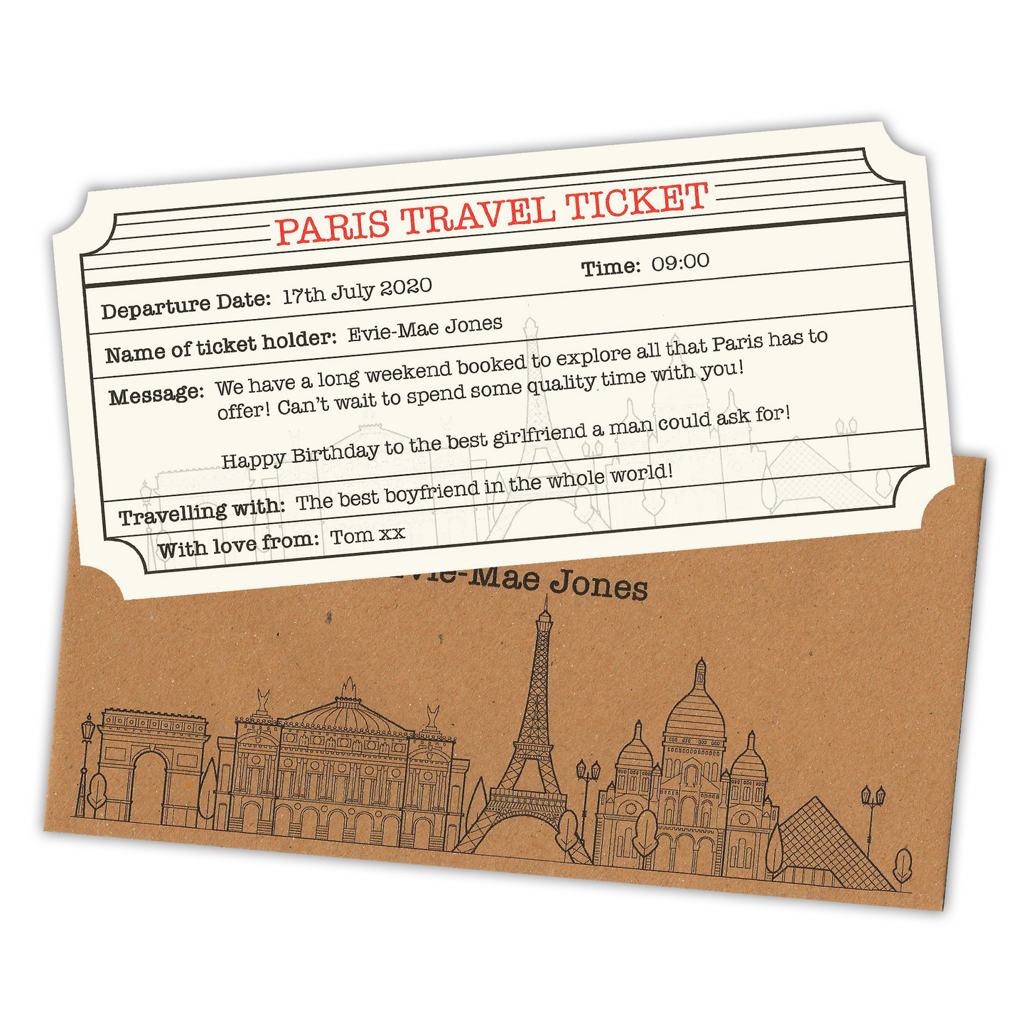 Paris Personalised Travel Ticket & Envelope. Paris holiday themed gift