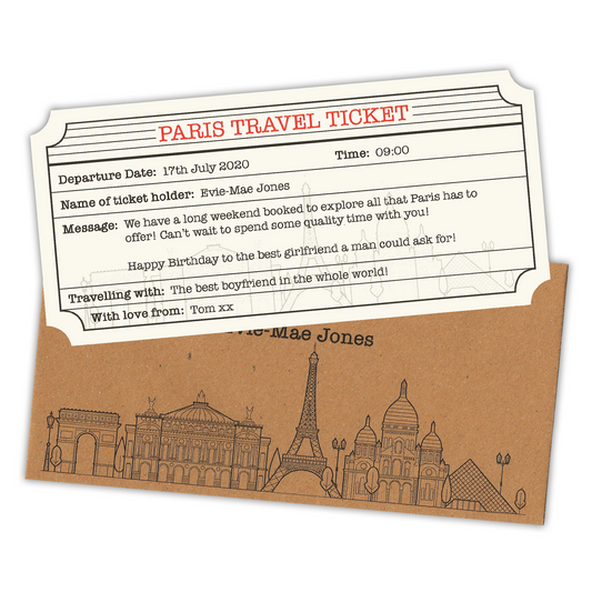 Paris Personalised Travel Ticket & Envelope. Paris holiday themed gift