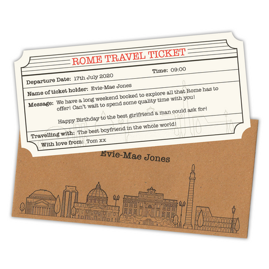 Rome Personalised Travel Ticket & Envelope. Rome holiday themed gift