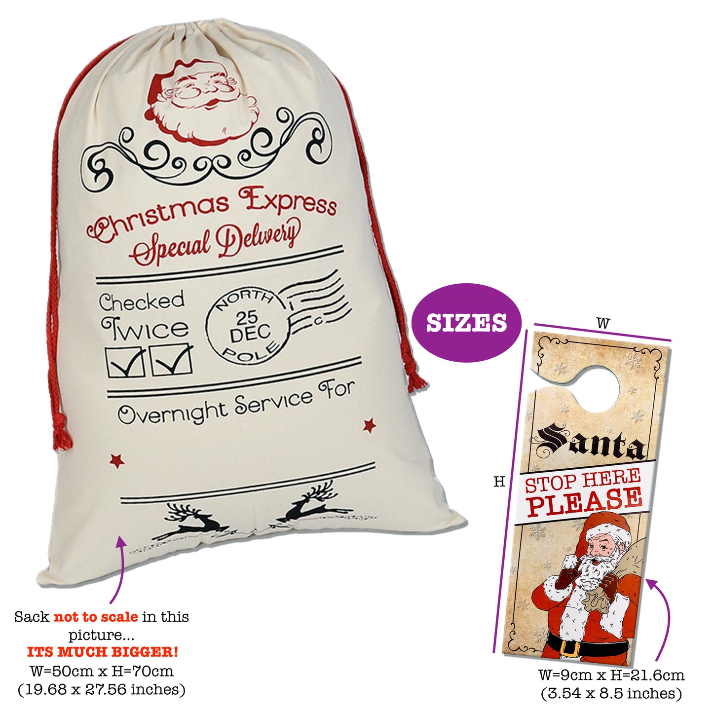 Vintage Santa Sack & 'Santa stop here' Door Hanger Bundle. Santa Head Style