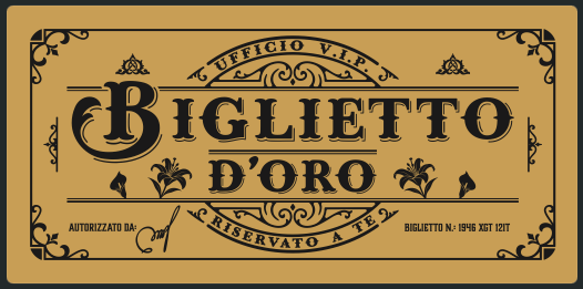 Deluxe Italian Golden Ticket card with envelope. Perfect for surprise trips! (Card is in written in Italian)