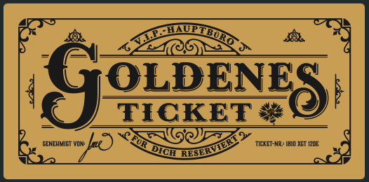 Deluxe German Golden Ticket card with envelope. Perfect for surprise trips! (Card is in written in German)