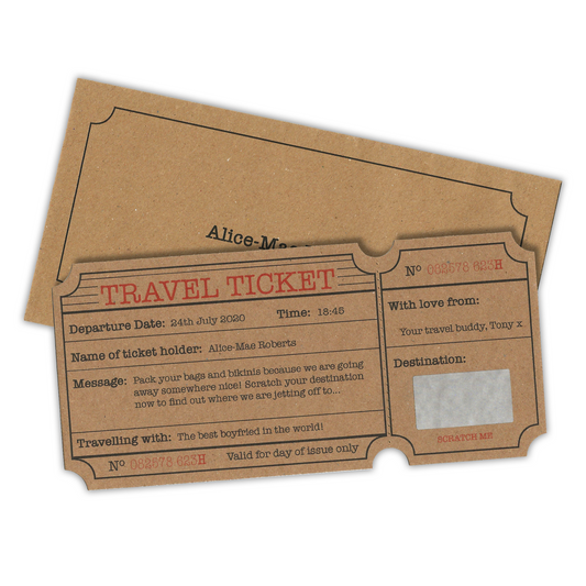 Vintage Personalised Travel Ticket Holiday Surprise Scratch & Reveal Card (Choice of Colour)