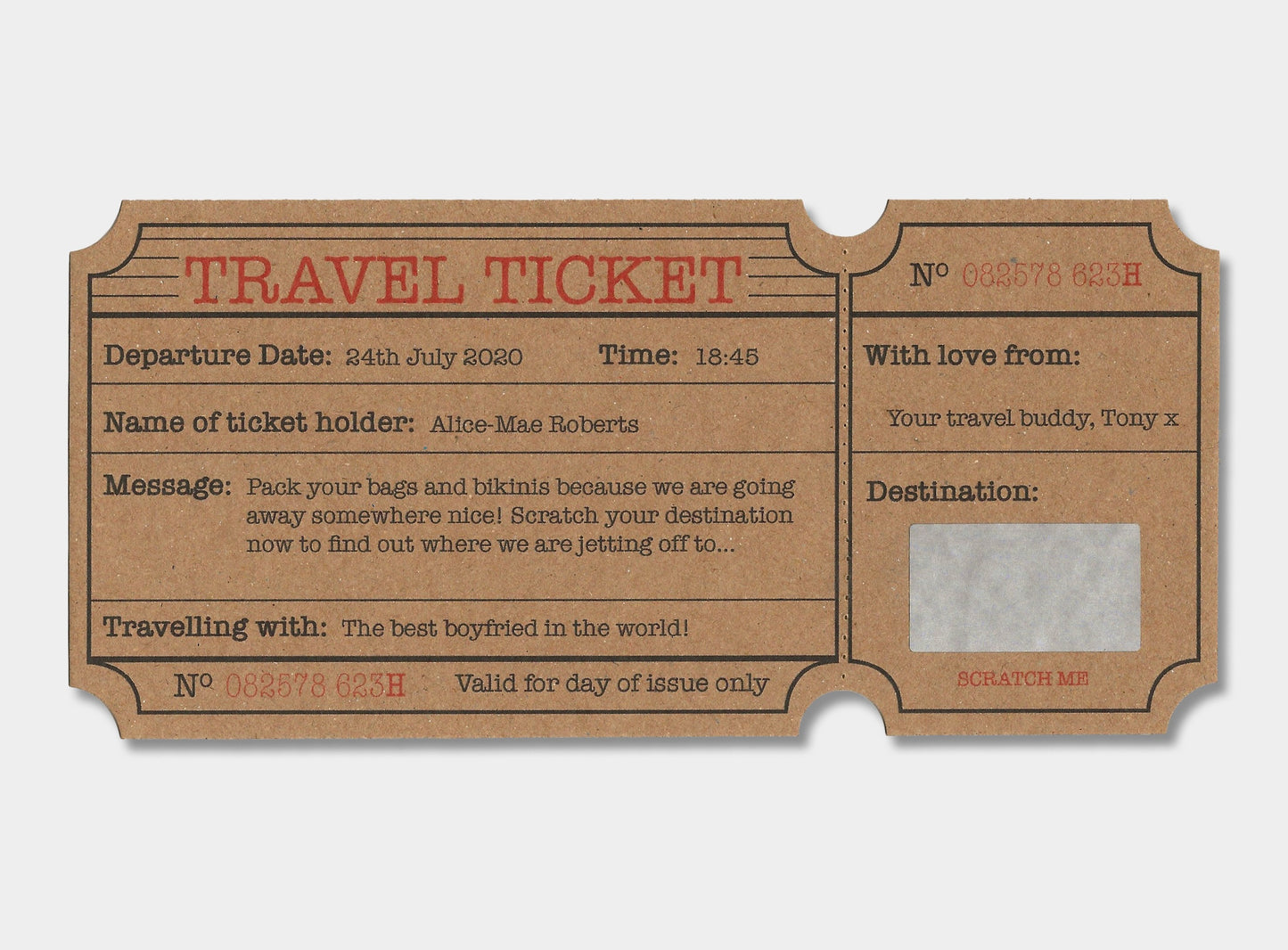 Vintage Personalised Travel Ticket Holiday Surprise Scratch & Reveal Card (Choice of Colour)