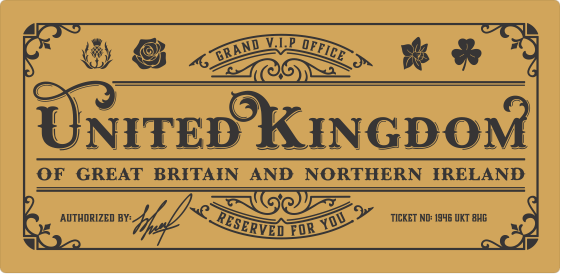 Deluxe United Kingdom Golden Ticket card with envelope. Perfect for surprise trips to United Kingdom!