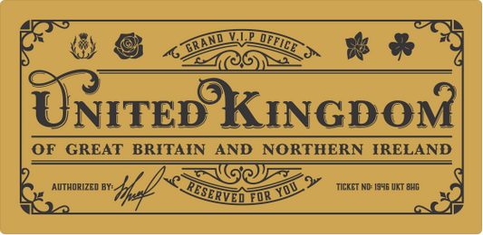 Deluxe United Kingdom Golden Ticket card with envelope. Perfect for surprise trips to United Kingdom!