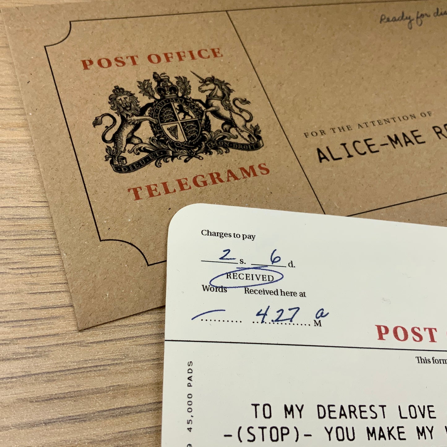 Post Office Vintage Personalised Telegram printed on a Linen feel Card.