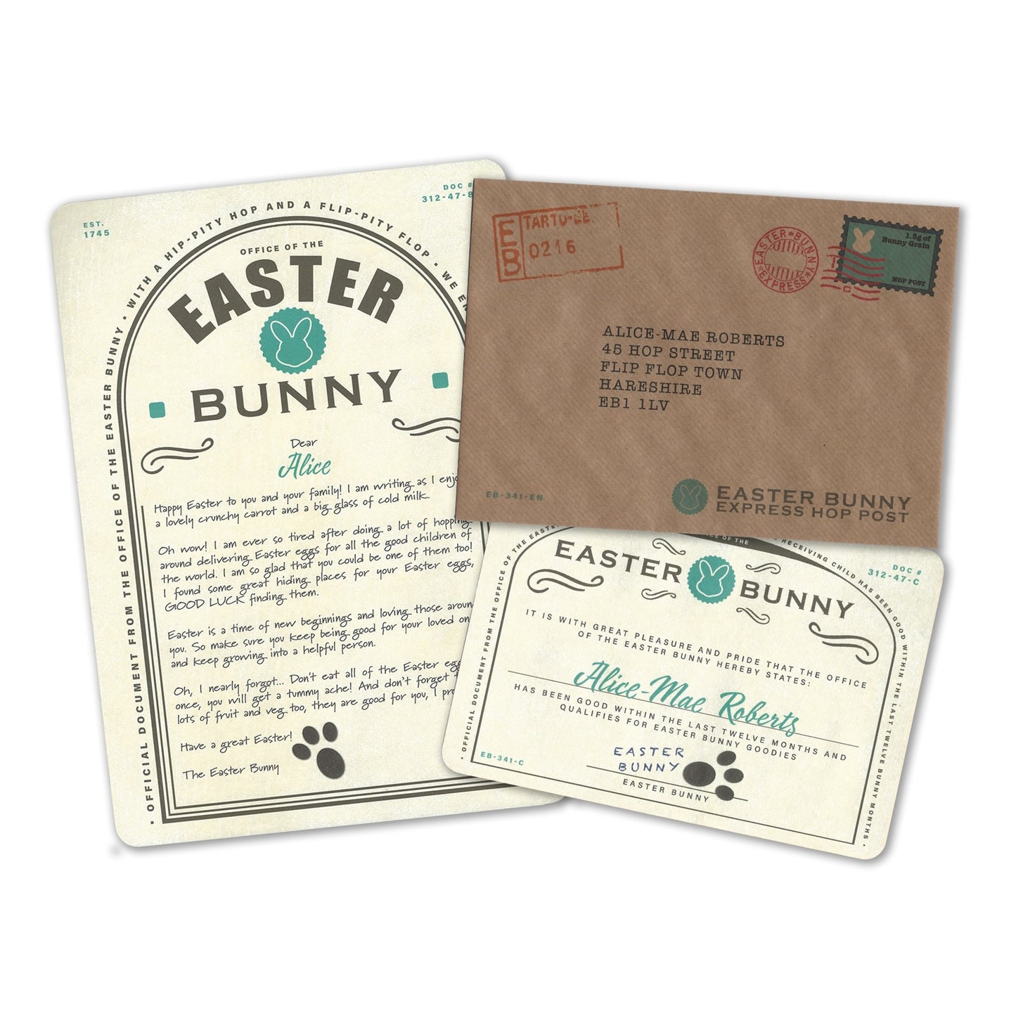 Personalised Letter, Certificate and Envelope from the Easter Bunny